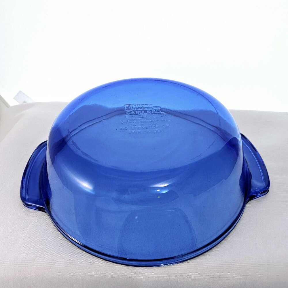 Anchor Hocking Cobalt Casserole Bowl w/ Lid 2qt handles 9" vtg blue kitchen - Picture 10 of 15
